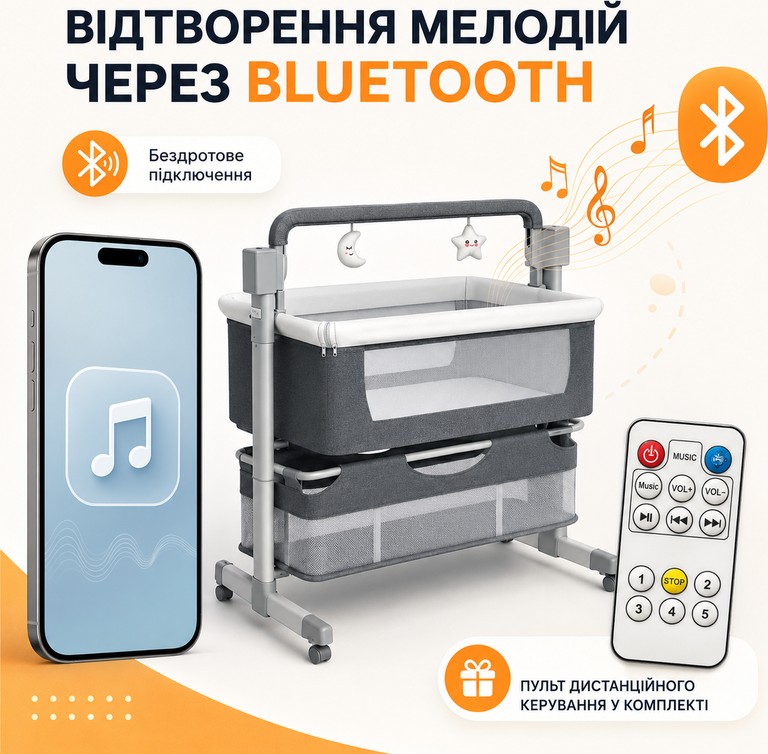 на коліщатках для новонароджених / Дитяче ліжечко з пультом та москітною сіткою Х-651 / Електрична приставна л Код:null. Зображення 12