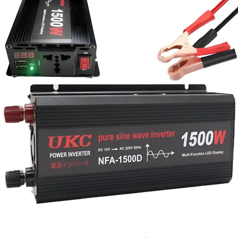 Купити Автомобильный инвертор 1500 Вт, 12–220 В, 2×USB, чистый синус / Инвертор для котла и техники Б/У