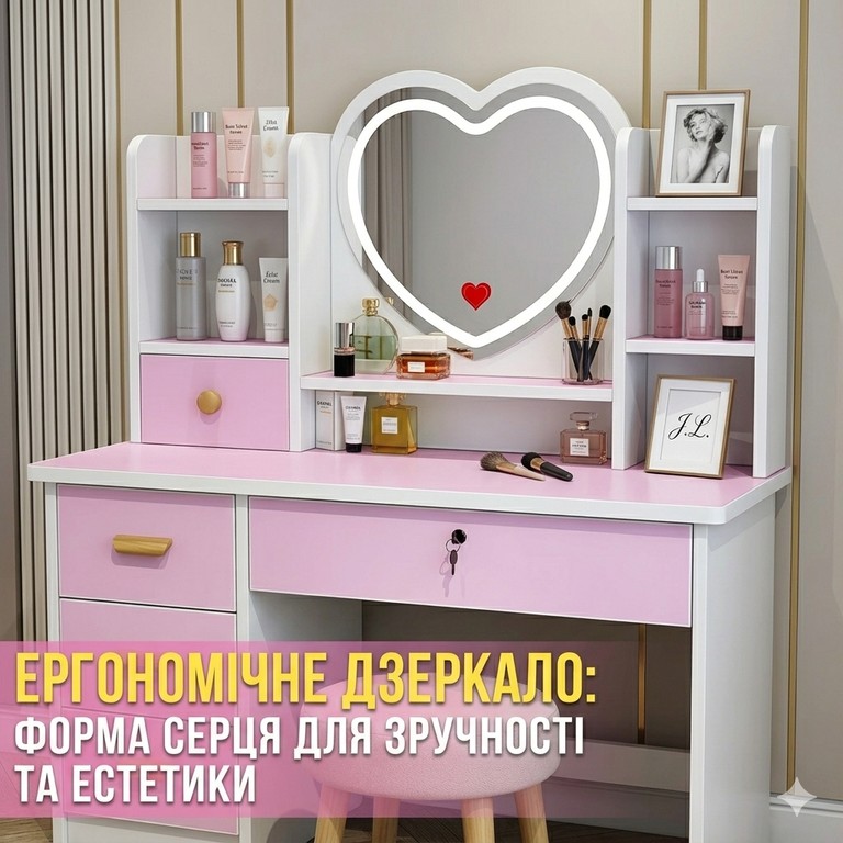 Туалетный столик с LED-зеркалом в форме сердца, пуфиком и выдвижными ящиками STL-MD 89 Код:null. Изображение 6
