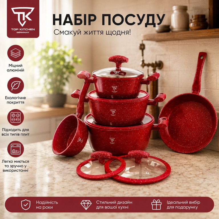 Купити Top Kitchen TK-00100 із гранітним антипригарним покриттям 10 предметів (3 каструлі, сковорода, сотейник + кришки) Б/У