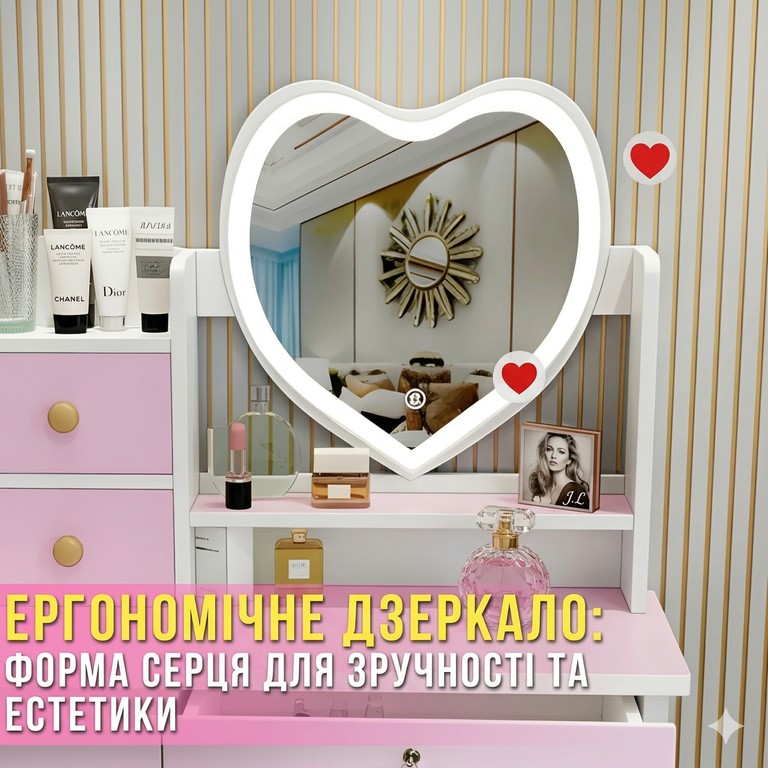 Туалетный столик с LED-зеркалом в форме сердца, пуфиком и выдвижными ящиками STL-MD 89 Код:null. Изображение 8