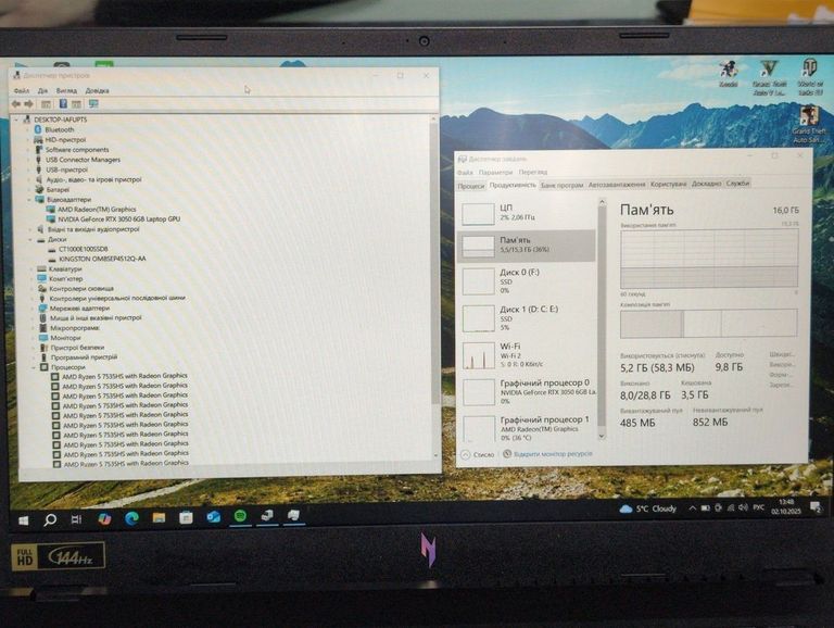 Объявление Acer 15/ryzen 5 7535hs ddr5/16gb ddr3/ssd 1600 gb/geforce rtx3050 6gb Б/У