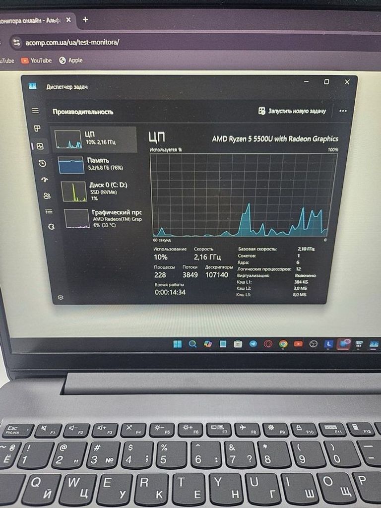 Объявление Lenovo 15/ryzen 5 5500u ddr4/8gb ddr4/hdd *відсутній/ssd 1000 gb/*інтегрована Б/У