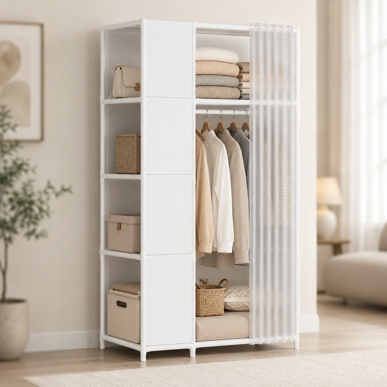 Купити Wardrobe із бічними закритими полицями та штангою для одягу під захисною шторкою Б/У