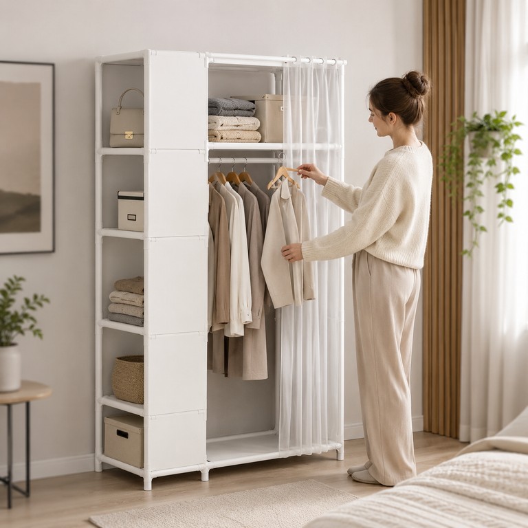 Оголошення Wardrobe із бічними закритими полицями та штангою для одягу під захисною шторкою Б/У