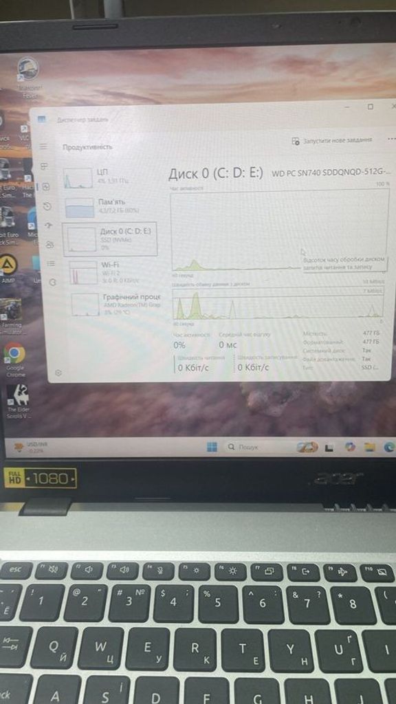 Объявление Acer 15/ryzen 3 7320u ddr5/8gb ddr5/hdd *відсутній/ssd 512 gb/*інтегрована Б/У