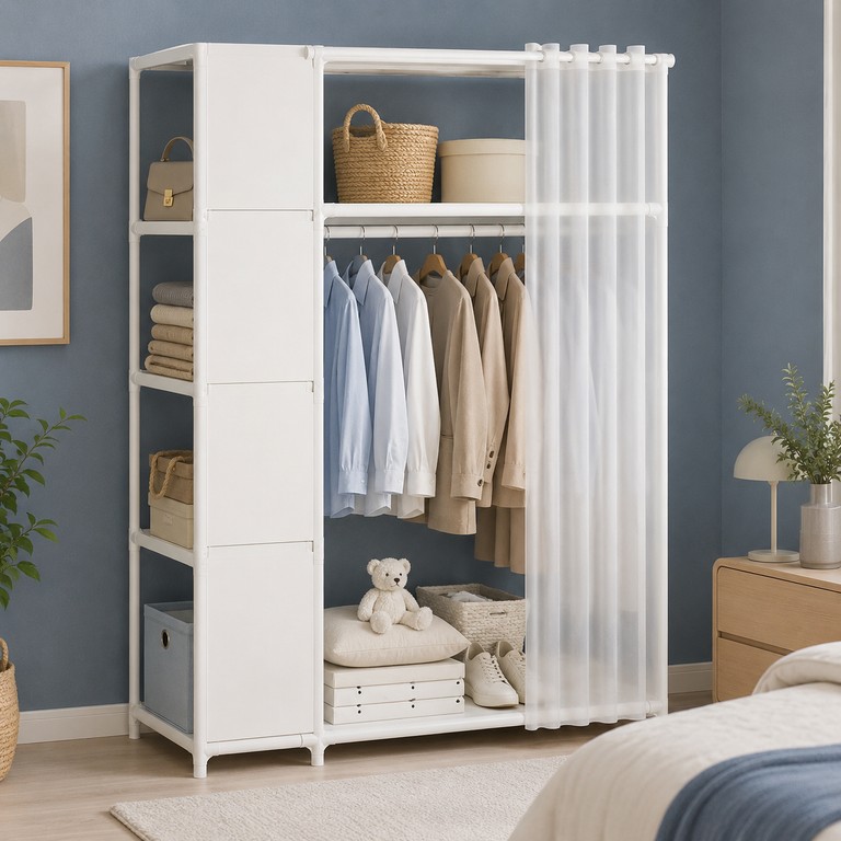 Дешево Wardrobe із бічними закритими полицями та штангою для одягу під захисною шторкою з ломбарду