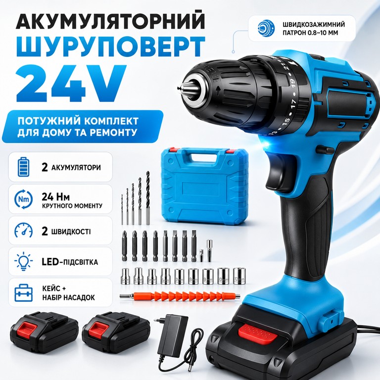 Купити Акумуляторний шуруповерт з набором бітів (22шт) у кейсі + 2 акумулятори 24В, Синій Б/У