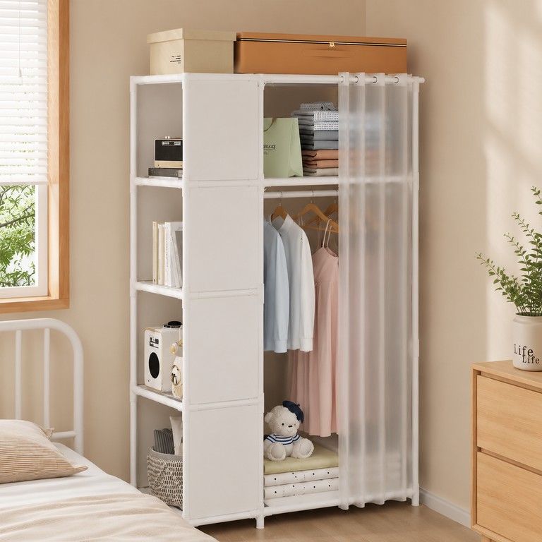 Wardrobe із бічними закритими полицями та штангою для одягу під захисною шторкою Код:null. Зображення 4