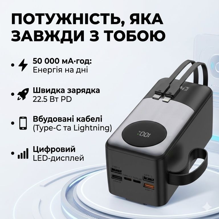 Зовнішній акумулятор (Power Bank) KPG KPG-502X 50000mAh 22.5W з LCD дисплеєм Код:null. Зображення 4