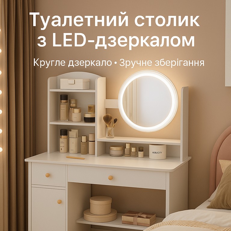 Купити Туалетний столик STL-MD 73 з дзеркалом та LED-підсвіткою, з поличками та шухлядами, білий Б/У