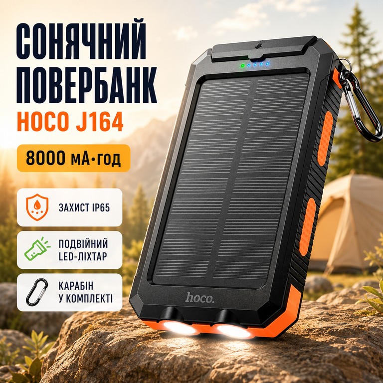 Купити HOCO J164 Platinum Solar 8000mAh 2USB/Type-C із сонячною панеллю та ліхтариком Б/У
