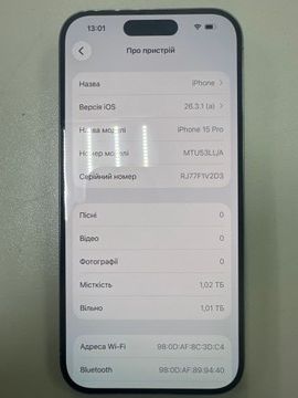 Б/в Мобільний телефон Apple iphone 15 pro 1tb esim 01-200935651