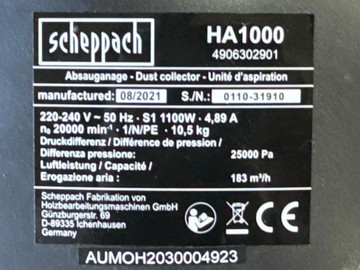 Б/в Стружковідсмоктувач Scheppach ha-1000 01-201032129