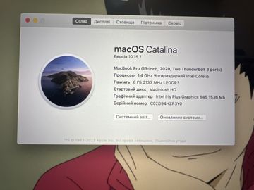 Б/в Ноутбук Apple macbook pro/13.3/ core i5 1,4ghz/ ram8gb/ ssd 512gb/ iris plus 645/ retina, truetone, touch bar 01-200914572