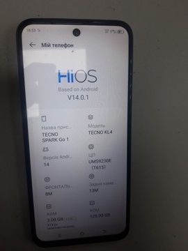 Б/в Мобільний телефон Tecno spark go 1 kl4 3/128gb 01-200975928