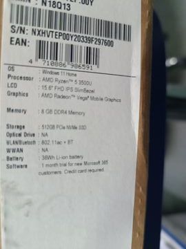 Б/в Ноутбук Acer 15/ryzen 5 3500u ddr4/8gb ddr4/hdd *відсутній/ssd 512 gb/*інтегрована 01-200885027
