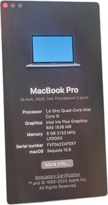 Б/в Ноутбук Apple macbook pro/13.3/ core i5 1,4ghz/ ram8gb/ ssd256gb/ iris plus 645/ retina, truetone, touch bar 01-200789228
