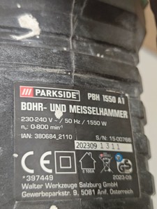 Б/в Перфоратор Parkside pbh 1550 a1 01-200946221