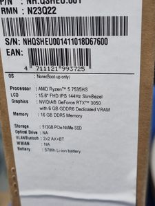 Б/в Ноутбук Acer 15/ryzen 5 7535hs ddr5/16gb ddr5/hdd *відсутній/ssd 512 gb/geforce rtx3050 6gb 01-200825480