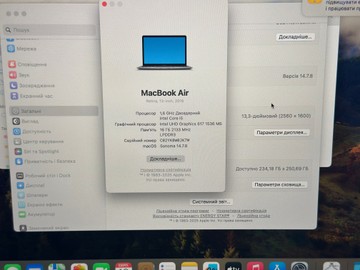 Б/в Ноутбук Apple macbook air /13.3"/ core i5 1.6ghz/ram 16gb /ssd 256gb/ intel uhd grafics 617 01-201074821