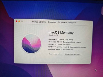 Б/в Ноутбук Apple macbook air 2015 a1466 13,3" core i5 1.6ghz/ram8gb/ssd128gb/hd 6000 01-200966391