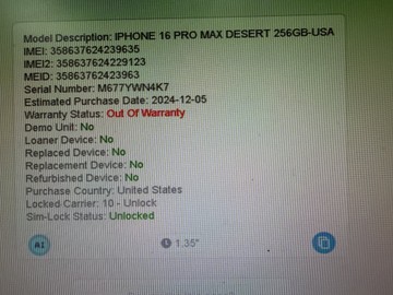 Б/в Мобільний телефон Apple iphone 16 pro max 256gb esim 01-201021435